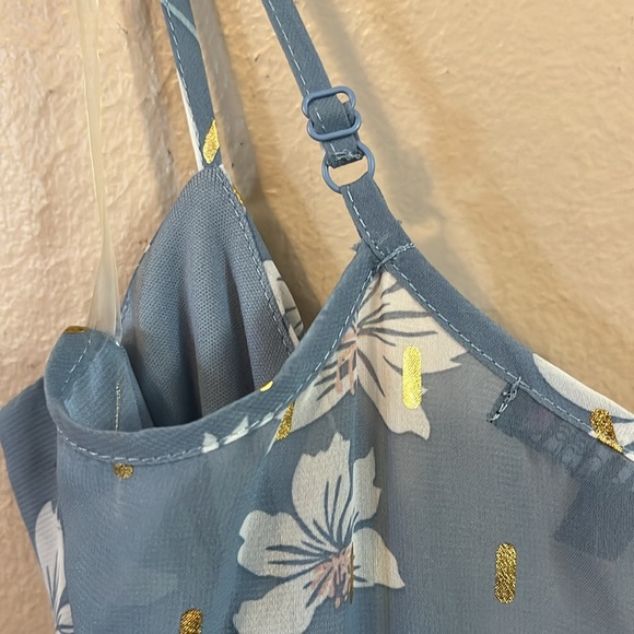 NWT Three Pink Hearts Blue White Gold Floral Faux Wrap Mini Dress S - Picture 10 of 11